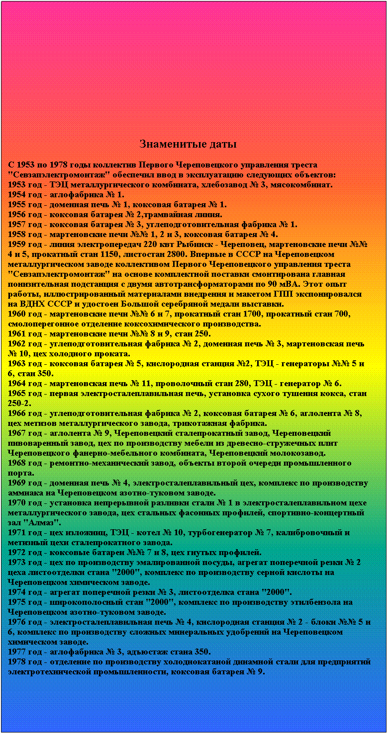 Подпись: &nbsp;
&nbsp;
&nbsp;&nbsp;&nbsp;&nbsp;&nbsp;&nbsp;&nbsp;&nbsp;&nbsp;&nbsp;&nbsp;&nbsp;&nbsp;&nbsp;&nbsp;&nbsp;&nbsp;&nbsp;&nbsp;&nbsp;&nbsp;&nbsp;&nbsp;&nbsp;&nbsp;&nbsp;&nbsp;&nbsp;&nbsp;&nbsp;&nbsp;&nbsp;&nbsp;&nbsp;&nbsp;&nbsp;&nbsp;&nbsp;&nbsp;&nbsp;&nbsp;&nbsp;&nbsp;&nbsp;&nbsp;&nbsp;&nbsp;&nbsp;&nbsp;&nbsp;&nbsp;&nbsp; Знаменитые даты
С 1953 по 1978 годы коллектив Первого Череповецкого управления треста "Севзапэлектромонтаж" обеспечил ввод в эксплуатацию следующих объектов:
1953 год - ТЭЦ металлургического комбината, хлебозавод № 3, мясокомбинат.
1954 год - аглофабрика № 1.
1955 год - доменная печь № 1, коксовая батарея № 1.
1956 год - коксовая батарея № 2,трамвайная линия.
1957 год - коксовая батарея № 3, углеподготовительная фабрика № 1.
1958 год - мартеновские печи №№ 1, 2 и 3, коксовая батарея № 4.
1959 год - линия электропередач 220 квт Рыбинск - Череповец, мартеновские печи №№ 4 и 5, прокатный стан 1150, листостан 2800. Впервые в СССР на Череповецком металлургическом заводе коллективом Первого Череповецкого управления треста "Севзапэлектромонтаж" на основе комплектной поставки смонтирована главная понизительная подстанция с двумя автотрансформаторами по 90 мВА. Этот опыт работы, иллюстрированный материалами внедрения и макетом ГПП экспонировался на ВДНХ СССР и удостоен Большой серебряной медали выставки. 
1960 год - мартеновские печи №№ 6 и 7, прокатный стан 1700, прокатный стан 700, смолоперегонное отделение коксохимического производства.
1961 год - мартеновские печи №№ 8 и 9, стан 250.
1962 год - углеподготовительная фабрика № 2, доменная печь № 3, мартеновская печь № 10, цех холодного проката.
1963 год - коксовая батарея № 5, кислородная станция №2, ТЭЦ - генераторы №№ 5 и 6, стан 350.
1964 год - мартеновская печь № 11, проволочный стан 280, ТЭЦ - генератор № 6.
1965 год - первая электросталеплавильная печь, установка сухого тушения кокса, стан 250-2.
1966 год - углеподготовительная фабрика № 2, коксовая батарея № 6, аглолента № 8, цех метизов металлургического завода, трикотажная фабрика.
1967 год - аглолента № 9, Череповецкий сталепрокатный завод, Череповецкий пивоваренный завод, цех по производству мебели из древесно-стружечных плит Череповецкого фанерно-мебельного комбината, Череповецкий молокозавод.
1968 год - ремонтно-механический завод, объекты второй очереди промышленного порта.
1969 год - доменная печь № 4, электросталеплавильный цех, комплекс по производству аммиака на Череповецком азотно-туковом заводе.
1970 год - установка непрерывной разливки стали № 1 в электросталеплавильном цехе металлургического завода, цех стальных фасонных профилей, спортивно-концертный зал "Алмаз".
1971 год - цех изложниц, ТЭЦ - котел № 10, турбогенератор № 7, калибровочный и метизный цехи сталепрокатного завода.
1972 год - коксовые батареи №№ 7 и 8, цех гнутых профилей.
1973 год - цех по производству эмалированной посуды, агрегат поперечной резки № 2 цеха листоотделки стана "2000", комплекс по производству серной кислоты на Череповецком химическом заводе.
1974 год - агрегат поперечной резки № 3, листоотделка стана "2000".
1975 год - широкополосный стан "2000", комплекс по производству этилбензола на Череповецком азотно-туковом заводе.
1976 год - электросталеплавильная печь № 4, кислородная станция № 2 - блоки №№ 5 и 6, комплекс по производству сложных минеральных удобрений на Череповецком химическом заводе.
1977 год - аглофабрика № 3, адъюстаж стана 350.
1978 год - отделение по производству холоднокатаной динамной стали для предприятий электротехнической промышленности, коксовая батарея № 9. 
